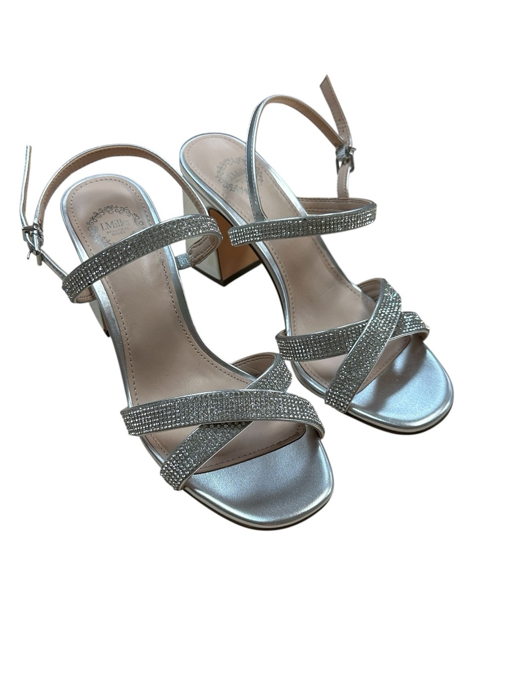 I. Miller Silver Rhinestone Strappy Block Heel Sandals - Women Size 7M